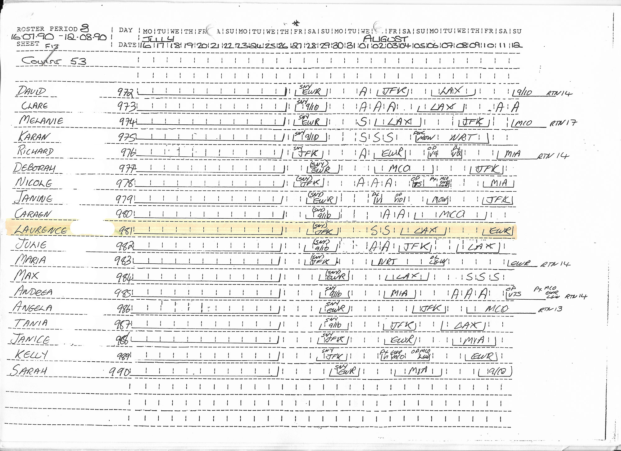 copy of a crew members flying roster