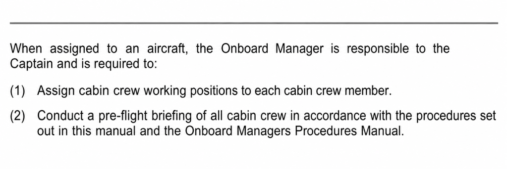 Extract from a procedures manual regarding the allocation of cabin crew working postions. 