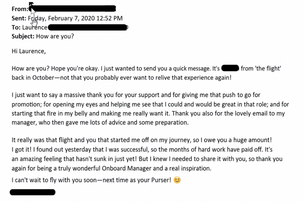 Email from a crew member about a flight we operated together. 