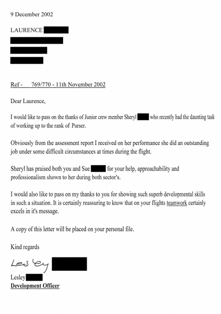 Letter from a manager to an employee congratulating them on something that happened during a flight they were in charge of. 