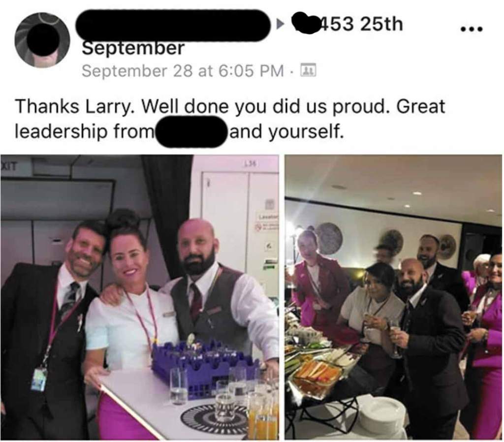 cabin crew on the aircraft and then after arriving in their hotel